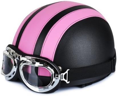 PU Leather Motorcycle Helmets Bike Bicycle Helmets Open Half Face Visor+ Free Goggles (Pink)
