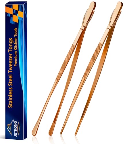 JETKONG 2 Pcs 12-Inch Kitchen Tweezers Cooking Tweezer Tongs Stainless Steel Long Food Tweezers (Rose Gold)