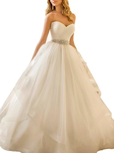 Ubridal Sweetheart Ball Gown Beading Sash Ruffles Tulle Wedding Dress Bridal Gown White 14