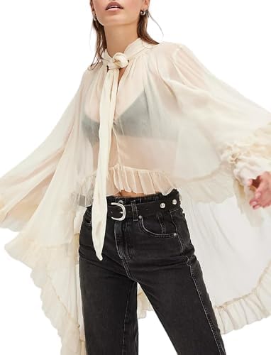 Women Full Sleeve Frill Tops Sexy See Through Sheer Ruffle Trim
