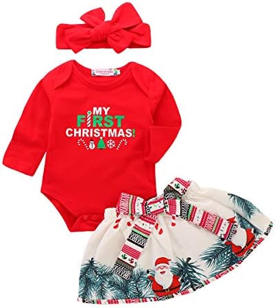 Christmas Toddler Newborn Baby Girls Xmas Romper Bowknot Santa Skirt Headband 3PCS Set Gift