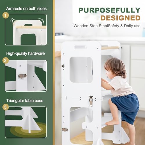 labebe Montessori Tower for Children, Folding Learning Tower, 3-in-1 Montessori Ladder with Drawing Board, Wooden Learning Tower Older Age 18 Months Children (White)