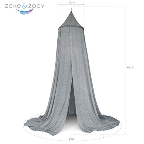 Zeke and Zoey Hanging Grey Bed Canopy with Pom Poms, Drapes Hideaway