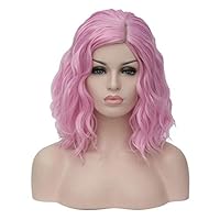 TopWigy Pink Women Cosplay Wig,Medium Length Short Curly Bob Body Wave Colorful Heat Resistant Hair Wigs Costume Party Bob Wig for Girls(Pink)