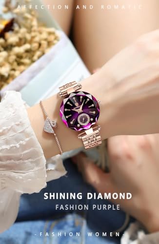 Uniiking® Watches for Women Diamond Dial Elegant Watch for Women Leather Quartz Fashion Ladies Wristwatch, Jewelry Gift for Wedding Anniversary Birthday, Purple