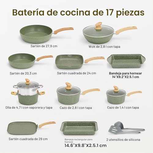 Juego de Sartenes y Ollas Antiadherentes 17 Piezas Verde