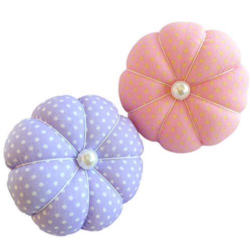 CUSHYSTORE 2X Purple and Pink Polka Dot Wrist Pin Needle Cushion Pincushion Wearable Cute Small Size Pumpkin Pins Needles Pincushions Holder Safety with Elastic Band