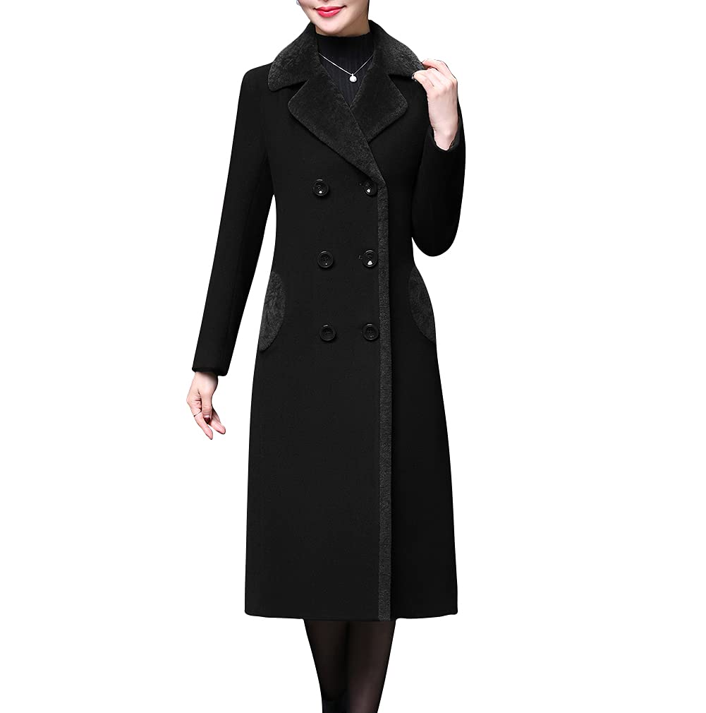 Photo 1 of Aprsfn Women's Winter Wool Coats Double-breasted Notched Lapel Warm Jackets Midi Long Peacoat Long Sleeve Pea Coats (as1, alpha, x_s, regular, regular, Black)