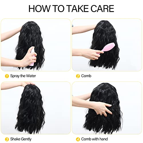 POPTAIYU Short Black Wavy Wigs Synthetic Shoulder Length Curly Wigs for Women Middle Part Bob Wigs for Daily Party Use (Black，15.7 inch)