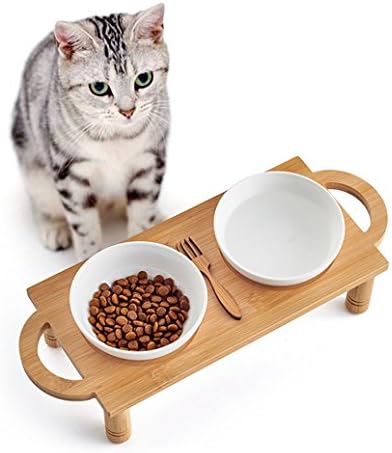 Leowow Raised Pet Feeder Bowls for Cats and Dogs Bamboo Elevated Double Bowl Raised Stand Comes with 2 Ceramics Bowl