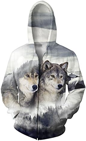 Matterin Christiao Plus Size 5XL Mens Hoodies 3D Wolf Print Sweatshirts Zip Up Hoody Jackets Zipper Animal Outerwear Coat