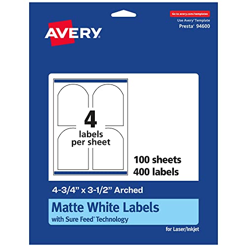 Avery Matte White Arched Labels, Sure Feed Technology, 4.75" x 3.5", 400 Matte…