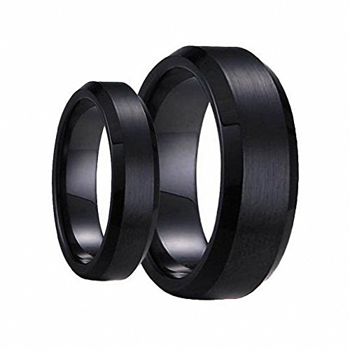 Swinger Black Ring Set His &amp; Her's Matching 6mm / 8mm Black Brushed Center with Polished Edge Tungsten Carbide Wedding Band Set Ladies Size 5.5 - Mens Size 9.5