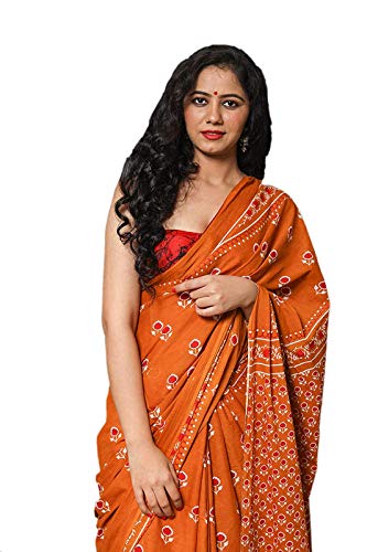 Jaipuri Print Hand Block Printed Cotton Mulmul Saree with Unstitched Blouse