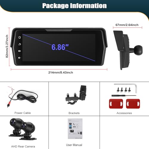 CMAECHO [2026] Motorcycle Dashcam Carplay with Front/Rear Camera, 6.86 Inch HD Touch Screen, IP68, Waterproof Motorcycles with Dual Bluetooth, WiFi, Android Auto, Mirror Link