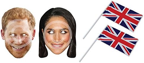 Prince Harry &amp; Meghan Markle Card Masks, 2 Union Jack Handwaving Flags