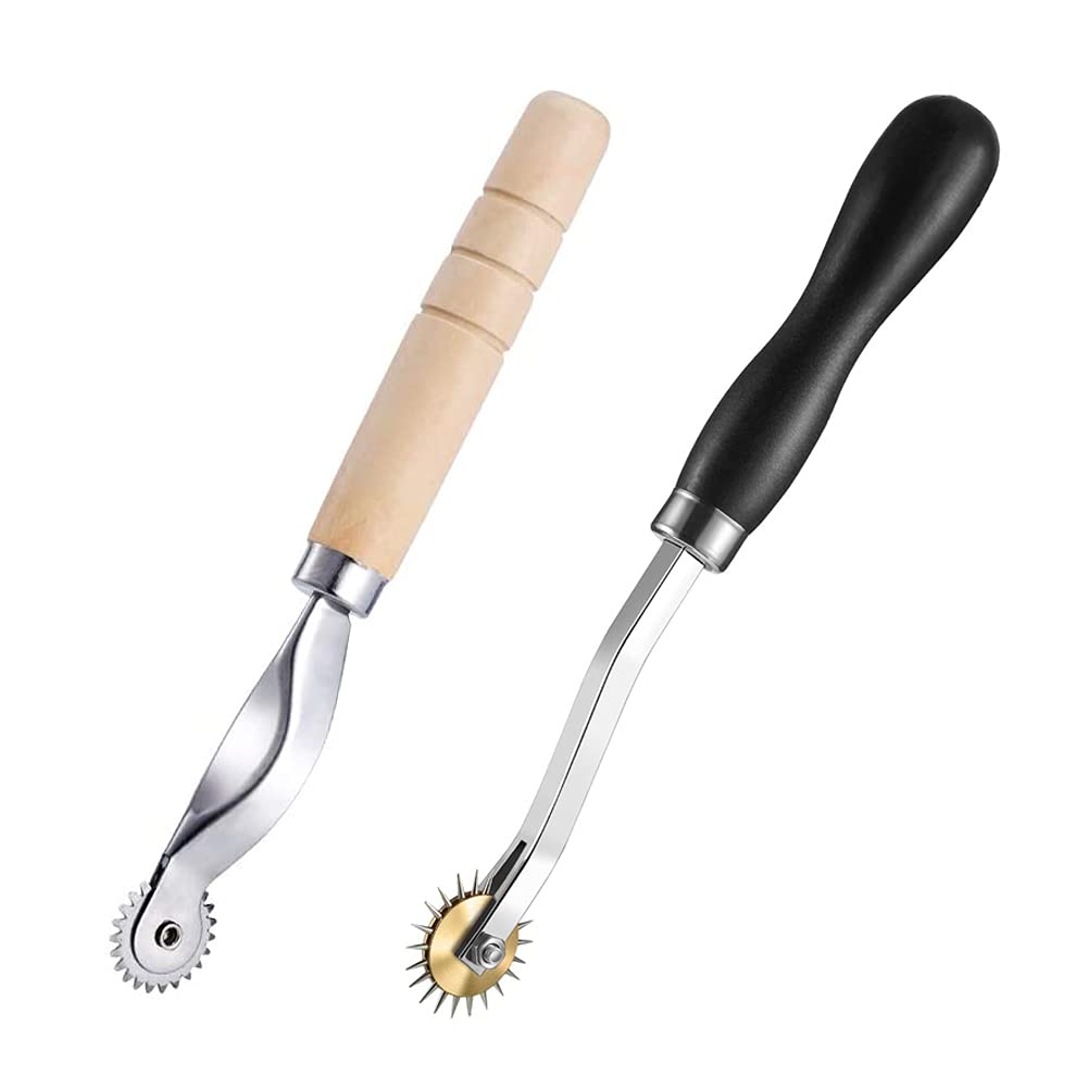 JUHONNZ Tracing Wheel,2 Pcs Sewing Wheel Marker with PVC Handle and Wooden Handle Stainless Steel Needle Point Rotary Cutter Wheel for Dressmaking Cross Stitch Sewing Leather Paper Craft Tools