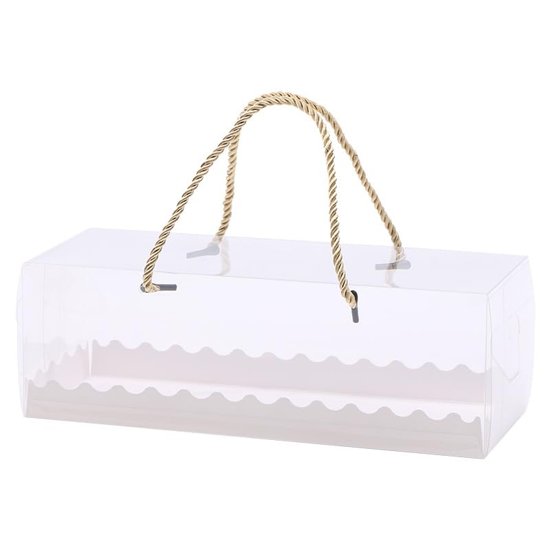 Photo 1 of Amonk 10Packs Clear Roll Cake Boxes, 10.8x4.3x3.8in Cake Take Out Containers Transparent Swiss Roll Cake Containers with Gold Rope Handle & Stickers Plastic Gift Boxes for Party
