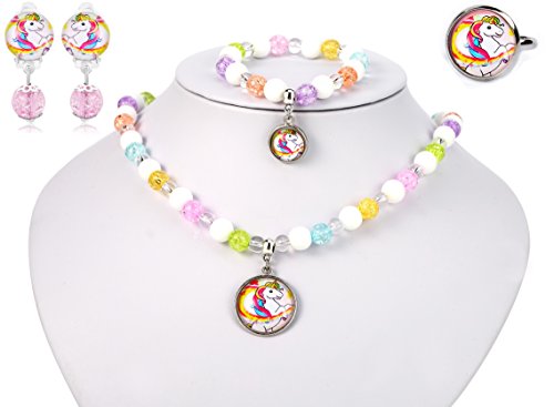 PinkSheep Kids Unicorn Jewelry Sets, Unicorn Necklace Bracelet Earrings Ring, Crystal Glass Bead