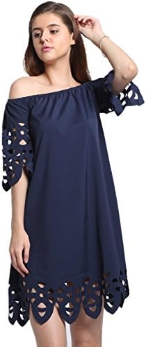 Alinsan Women's Casual Summer Off Shoulder Half Sleeve Hollow Shift Dress (X-Large)