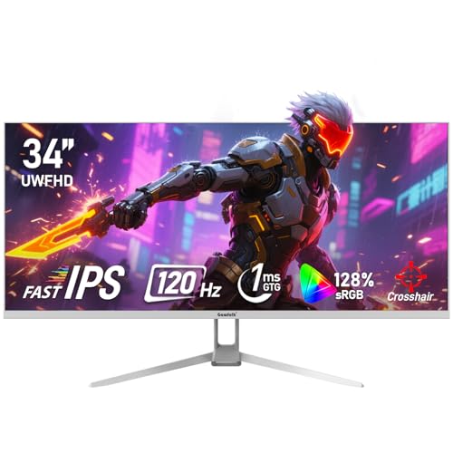 Gawfolk 34 Pulgadas IPS Ultrawide 120Hz Gaming Computer Monitor, 21:9 UWFHD (2560x1080) PC Screen, 120% sRGB, Adaptive Sync, 178° Viewing Angle, DP, HDMI, Compatible with Wall mounting - White