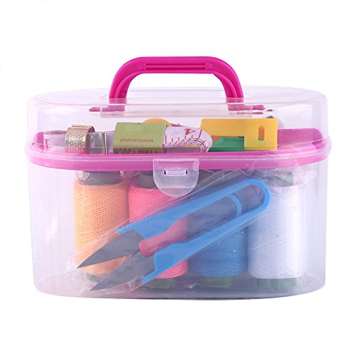 UPC 663862396744, Large Portable Sewing Kit Box Plastic Organizer Storage Box with Removable Interlayer for 10pcs Sewing Tools Including Needle Tape Measure Scissor Thimble(Rosered)