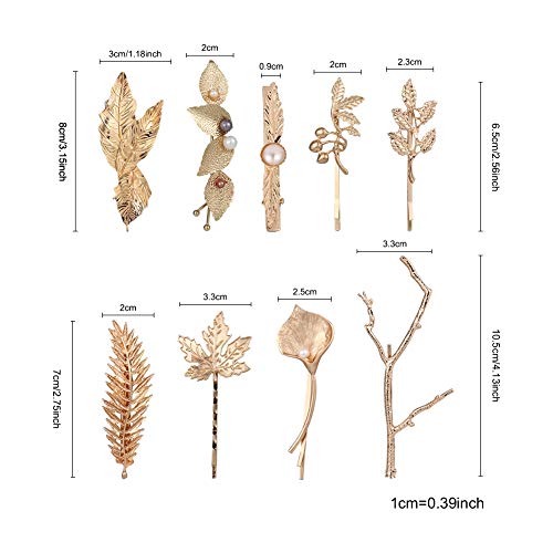 9 Pack Gold Vintage Retro Geometric Minimalist Branch Leaf Flower Hair Clip Snap Barrette Comb Stick Claw Crab Clamp Bobby Pins Alligator Hairclips Metal Wedding Party Hair Styling Accessories