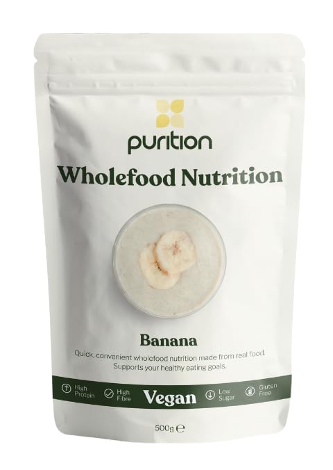 Purition Vegan Banana, Natural, Gluten Free, High Protein, Dairy Free, Low Sugar, Keto, Meal Replacement Shake for Healthy Weight Management, 500g, 12 servings