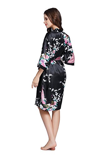 Amzchoice Women's Short Sleeve Kimono Robe Peacock & Blossoms for Spa, Wedding Bridal and Bridesmaid (M, Black)