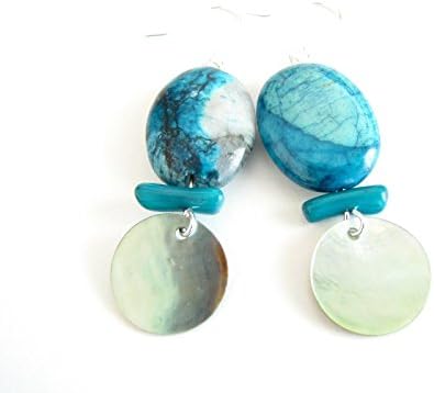 Beaded Abalone Shell Dangle Blue Agate Stone Drop Earrings Semi Precious Jewelry for Women