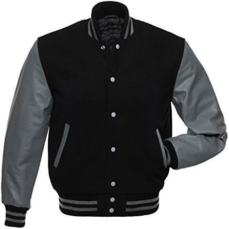 Varsity Slim Fit Base Ball Bomber Jackets, Leather Sleeves, Collar n Cuff Rib (XXXL, Black/Steel Grey)