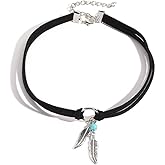 Bohemian Turquoise Leather Choker Necklace for Women Vintage Handmade Feather Layered Black Brown Suede Western Cowlady Necklace Western Country Party Jewelry Gifts