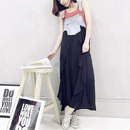 Mysky Women Summer Popular Casual Brief Jeans Splicing Ruffle Hem Pocket Plus Size Strap Dress Black