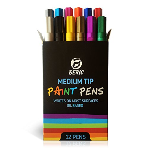 Premium Paint Pens by Beric 12 pack, Oil-based Paint Marker, Medium Point, Writes on Almost Anything, Water and Sun Resistant Vibrant Colors Low Odor Long Lasting Fast Drying Assorted Colors