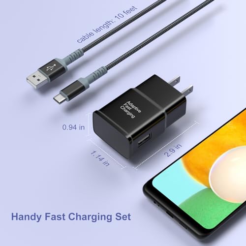 Adaptive Fast Charger and USB-C Cable 10ft(3m), Excgood Type C Cable Fast Charging Compatible with Galaxy A16/A15/A13/A14/A03s, S25 Ultra/S24/S23/S22/S20/S8/9+/10e,Note, Android Phone (2Pack Black)