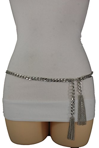 TFJ Women Fashion Metal Chains Belt Hip Waist Wrap Around Fringes Plus M L Silver