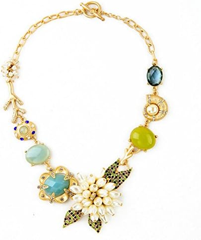 Adorable Woman Coral Flower Shell Rhinestone Cluster Simulated Pearl Bib Chain Necklace