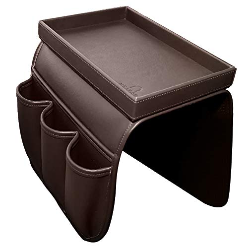 Photo 1 of U NEATOPA Couch Remote Caddy Control Holder Sofa Synthetic PU Leather Organizer with Detachable Tray for Recliner Chair Armrests with 4 Slots - 1 Large Pockets and 3 Small Pockets (Brown)