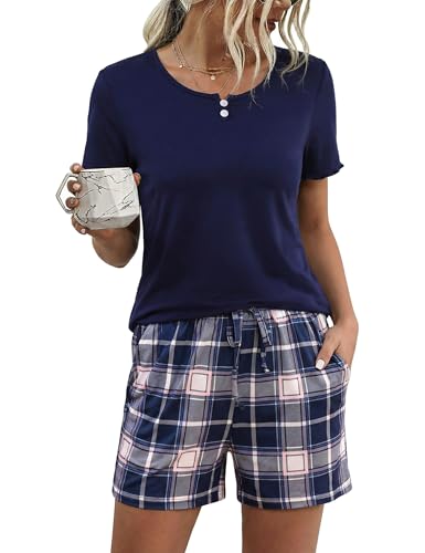 Aseniza Women's Summer Cotton Short Set T-Shirt and Shorts Sleepwear Loungewear with V Neck and Buttons