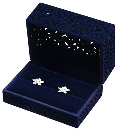 Hollow Velvet Ring Box Velvet Jewelry Box for Rings Couple Double Ring Bearer Box Engagement Gift(Dark Blue) - Thumbnail 2