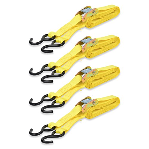 Mann Cambuckle Tie Down Straps with S-hooks 4-Pack Set 1"x10' 300lb Load Capacity 900lb Break Strength (Yellow)