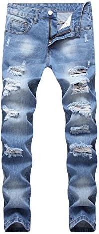 Men's Blue Slim Skinny Fit Distressed Ripped Elastic Tapered Leg Denim Jeans