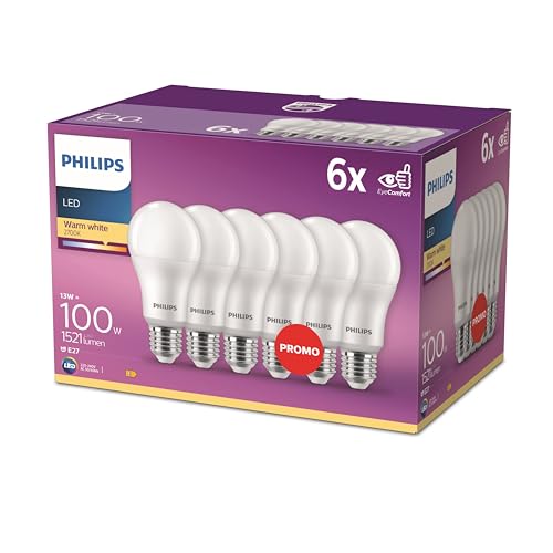 Philips LED Classic E27 confezione da 6 lampade (100 W), lampade LED opache con luce bianca calda, lampade a risparmio energetico con lunga durata