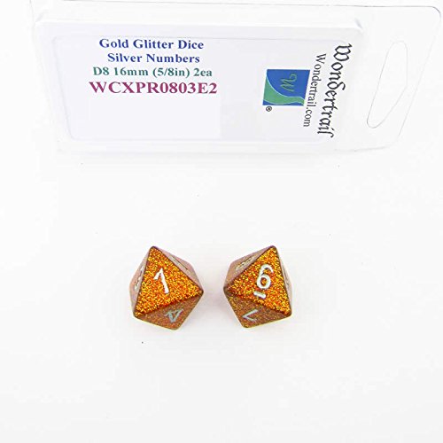 Gold Glitter Dice with Silver Numbers D8 Aprox 16mm (5/8in) Pack of 2 Wondertrail