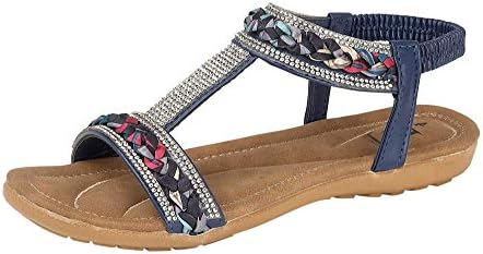 Ladies Faux Leather Shimmer Jewel Aztec Fabric Plait Diamante Open Toe T Bar Elastic Sling Back Flat Gladiator Sandals Size 4-8 (UK 5, Navy)