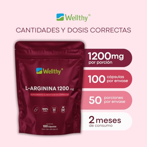 Wellthy L-Arginina 1200mg 100 Caps. 100% Pura y Natural, 50 Porciones por Envase, Alta Pureza con Certificaciones Internacionales, Bottle Free