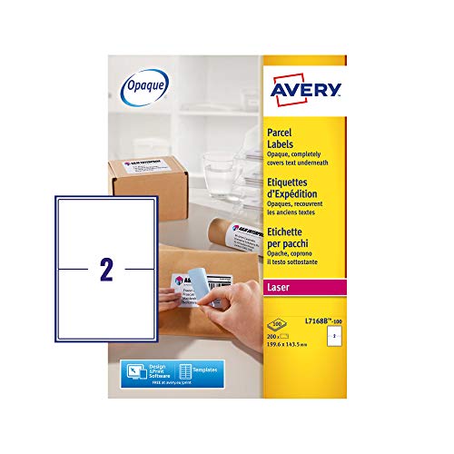 Avery L7168B Printable, Customisable Parcel, Postage, mailing Labels for Laser Printers, 2 Labels Per A4 Sheet, 100 Sheet per Pack, BlockOut