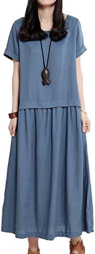Women's Sundress Linen Dresses Cotton Dress Casual Dresses Loose Fitting Dress (Medium, Denim Blue)