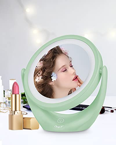 CkeyiN LED Spiegel für Schminkspiegel mit Beleuchtung Doppelseiten 1x / 5X Vergrößerung Kosmetikspiegel,360 °Schwenkbar, USB Aufladbares, Make up Spiegel für Zuhause und Unterwegs (Grün)