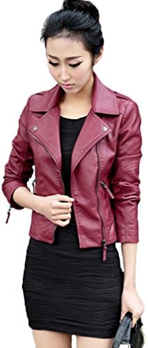 Women's Plus Size Slim Lapel Faux Leather Biker Motorcycle Zipper Jacket Coat Wine Red Medium